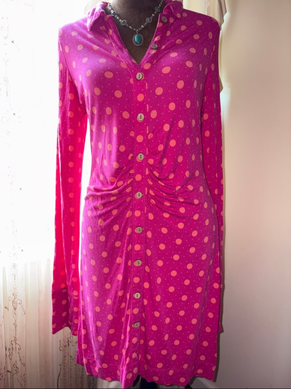 Free People Bright Magenta Polka Dot Button-Up Tunic